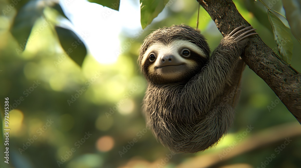 Fototapeta premium 25. **Sweet 3D model of a baby sloth hanging from a tree branch with a serene expression