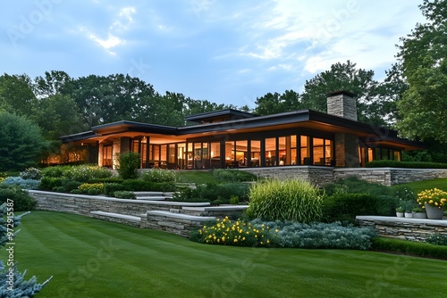 Wallpaper Mural Modern House with Stone Wall and Lawn Torontodigital.ca