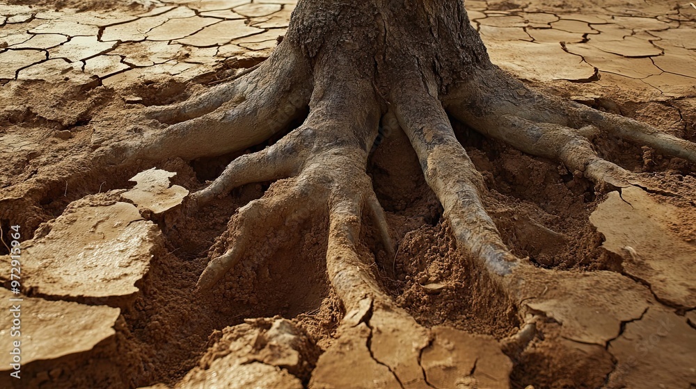 Obraz premium Tree Roots Embedded in Cracked, Dry Soil
