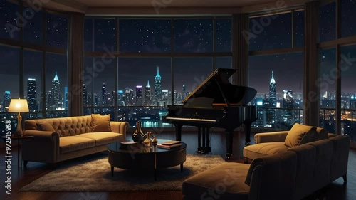 Luxurious room with grand piano, sofa, table and windows with night city views. seamless looping 4k video background animation