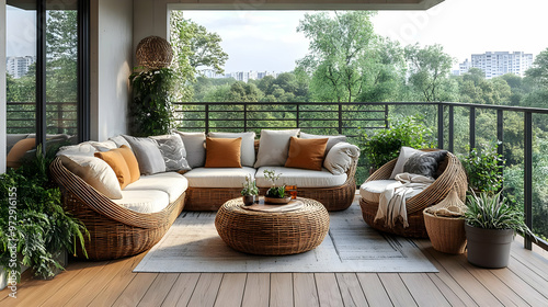 Cozy outdoor seating area with plants and a view, perfect for relaxation.