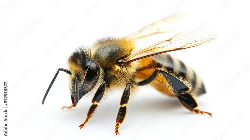 A close-up of a bee with its wings spread, showcasing its fuzzy body and detailed features against a clean white backdrop, emphasizing its role in pollination. A close-up of a bee with its wings spread, showcasing its fuzzy body and detailed features against a clean white backdrop, emphasizing its role in pollination.