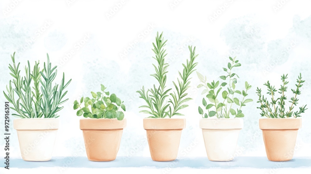 A beautiful arrangement of herbs in terracotta pots, perfect for adding freshness to any kitchen or garden.