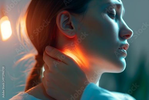 Woman holding her neck with glowing warm light in a moment of reflection