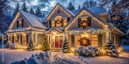 Christmas house covered in snow with twinkling lights and wreaths on the windows, winter, holiday, home, snow, Christmas