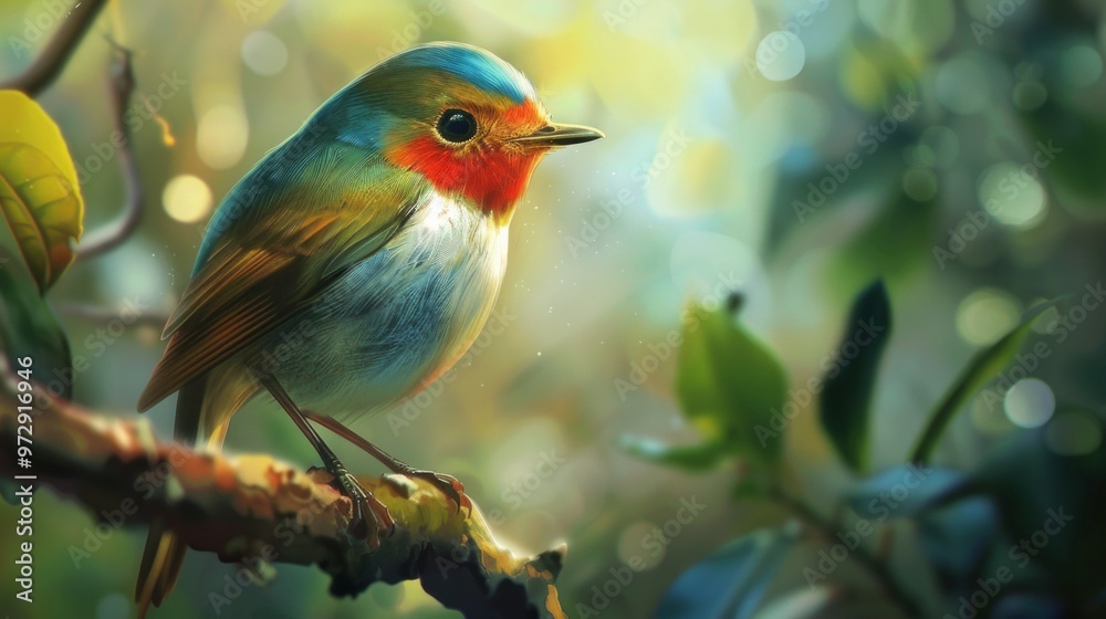 Obraz premium A serene digital illustration of a small bird on a tree branch. Blue back, brown belly, orange face, red collar, glowing background with yellow, orange, and green hues. Bright and peaceful vibe.