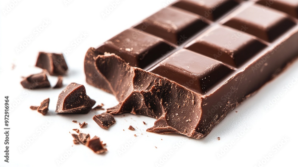 A close-up of a chocolate bar with a bite taken out of it, revealing its smooth and creamy interior, set against a clean white background for a tempting appeal. A close-up of a chocolate bar with a bite taken out of it, revealing its smooth and creamy interior, set against a clean white background for a tempting appeal.