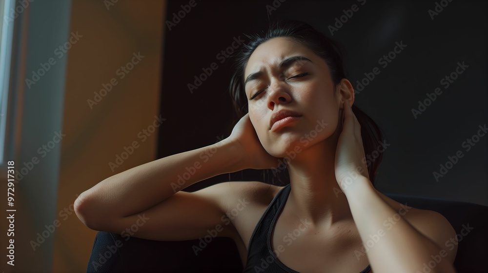 Naklejka premium Woman holding her neck in discomfort while sitting in a dimly lit room