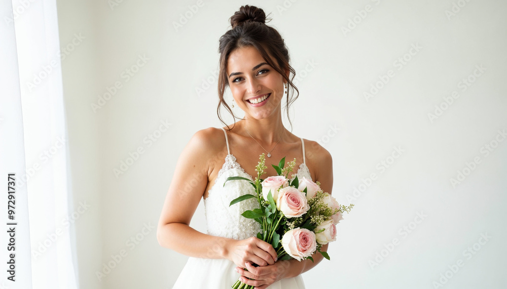 Portrait of a joyful bride holding a bouquet, set against a white background. Portrait of a joyful bride holding a bouquet, set against a white background.
