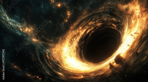 A computer-generated image of a black hole, visualizing the warping of space and dimensions around it