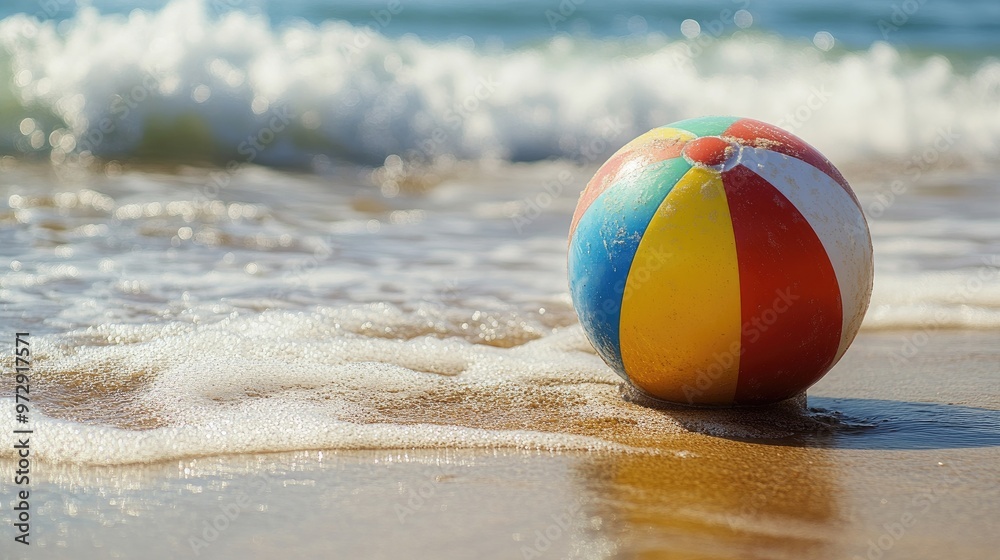 Obraz premium A close-up of a colorful beach ball on the sand with gentle waves in the background, capturing the fun and vibrancy of a summer day.