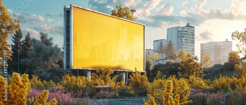 A tall yellow billboard in a green park with cityscape in the background. Serene ambiance, clear sky, and lush surroundings. photo