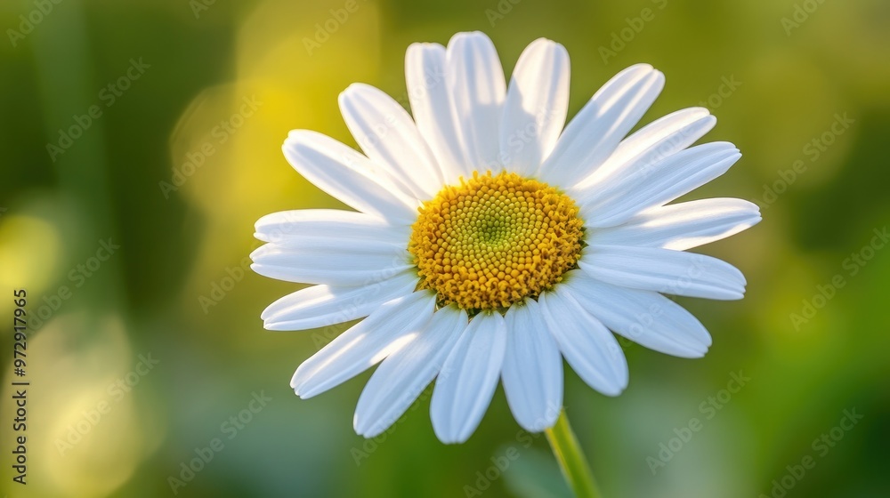 Obraz premium A close-up of a delicate daisy with white petals and a bright yellow center, set against a blurred garden background that emphasizes the flower's simplicity.