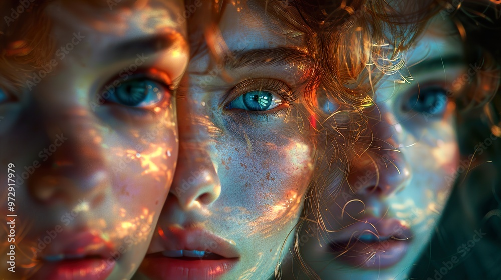 Three women with blue eyes and freckles looking into the camera with colorful light reflections. Three women with blue eyes and freckles looking into the camera with colorful light reflections.