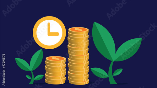 Financial investment concept vector banner design illustration with money bag, clock and plants icons all on a horizontal blue background. investment time and duration.