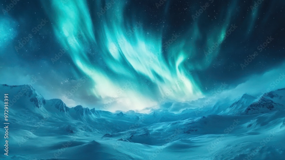 A panoramic view of the Northern Lights swirling across the Arctic sky, casting a mystical glow over a snowy landscape A panoramic view of the Northern Lights swirling across the Arctic sky, casting a mystical glow over a snowy landscape