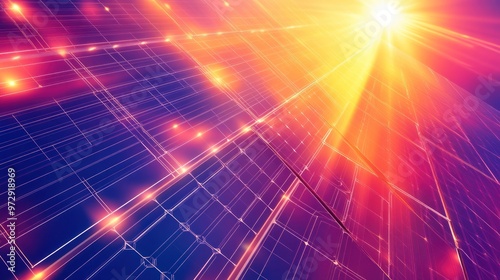 A vibrant graphic of solar panels with beams of light flowing into them, illustrating the conversion of sunlight into electrical energy