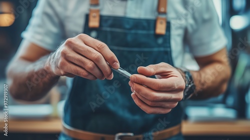 A professional barber preparing tools while wearing an apron in a well-lit barbershop during the late afternoon