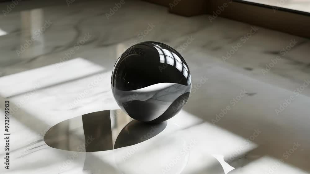 Black ball on a marble floor in the sun's rays.