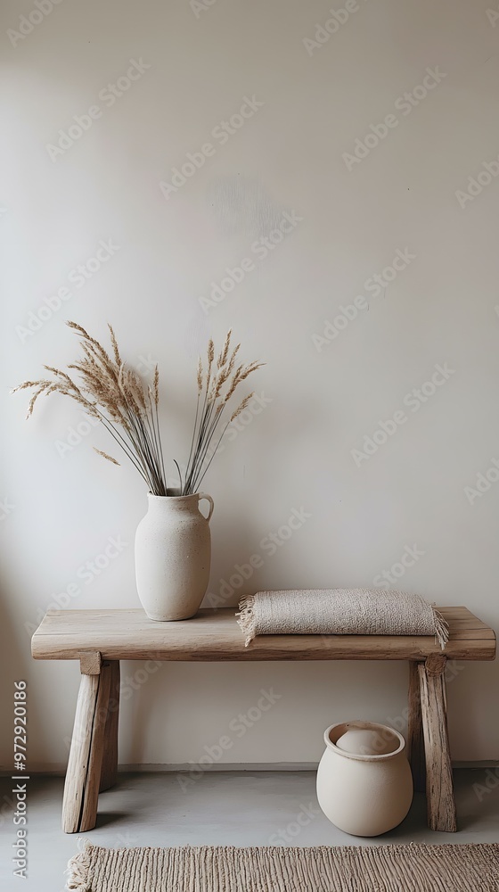 Simple Minimalist Home Decor with Wooden Bench and Dried Grass in Vase Simple Minimalist Home Decor with Wooden Bench and Dried Grass in Vase