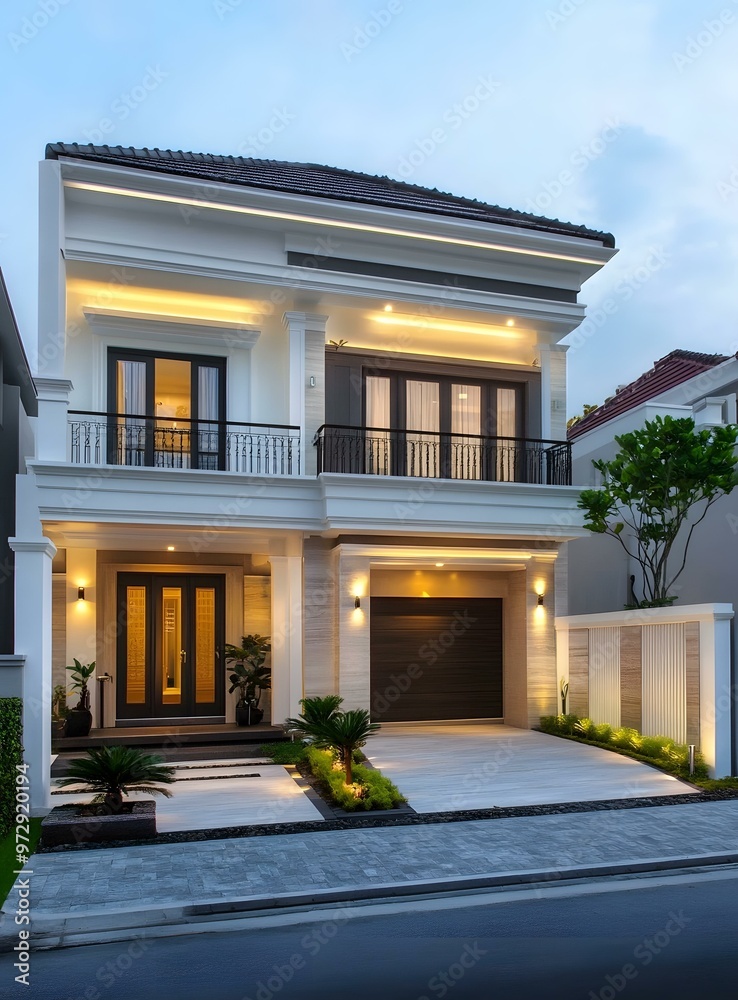 Fototapeta premium Modern Two Story House with Balcony and Garage