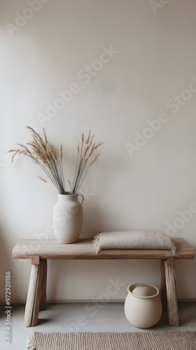 Simple Minimalist Home Decor with Wooden Bench and Dried Grass in Vase