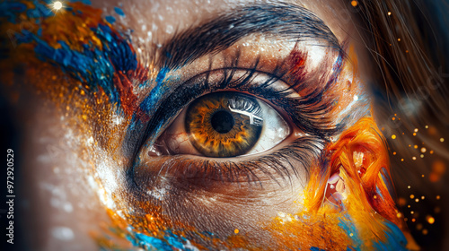 A close-up of a human eye is surrounded by bright orange, blue and yellow paint splotches, creating a stunning visual effect. The eyes are detailed and expressive.AI generated.