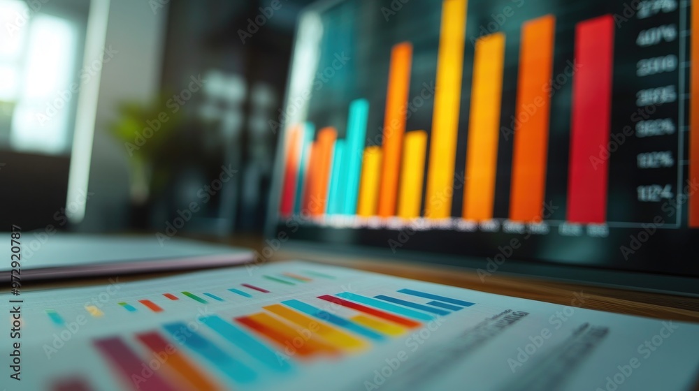 A close-up of a printed bar graph with colorful segments, highlighting financial performance and business metrics in a conference room setting. A close-up of a printed bar graph with colorful segments, highlighting financial performance and business metrics in a conference room setting.