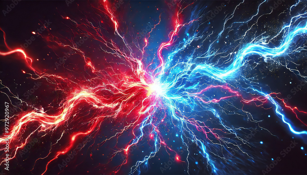 Obraz premium 赤と青の雷. バーサス背景. Red and blue lightning. Versus background. AI generated.