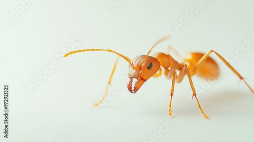 A close-up of a single ant crawling across a white background, showcasing its detailed body structure and legs with sharp focus and minimal distractions.