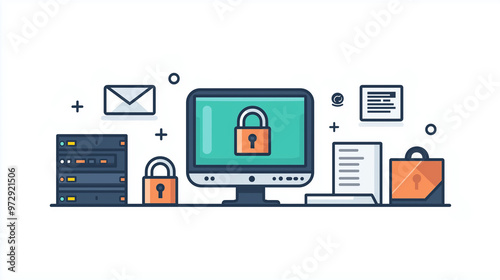 Minimalist line-art illustration of cybersecurity icons, including a padlock and server, isolated on a clean white background