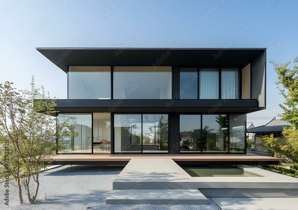 Modern Black House with Large Windows and Concrete Patio Modern Black House with Large Windows and Concrete Patio