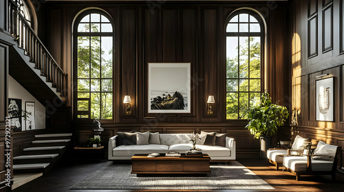 Elegant living room with wooden decor, large windows, and cozy seating.