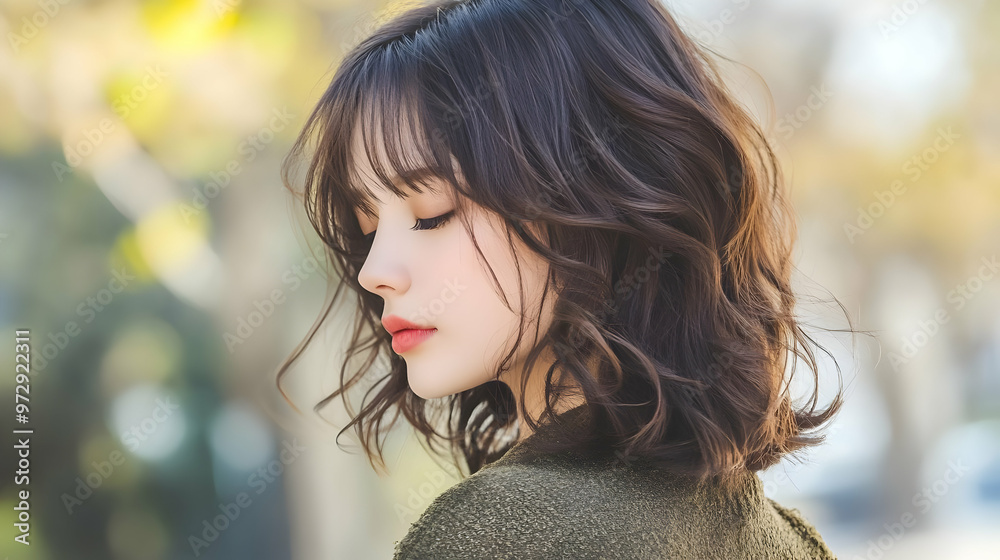 A Young Woman with Wavy Brunette Hair Looks Away in Thoughtful Silence with a Blurred Background A Young Woman with Wavy Brunette Hair Looks Away in Thoughtful Silence with a Blurred Background