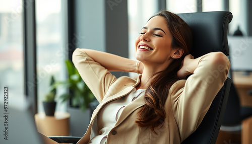 Calm smiling businesswoman relaxing at comfortable office chair hands behind head, happy woman resting in office satisfied after work done, enjoying break with eyes closed, peace of mind, no stress.