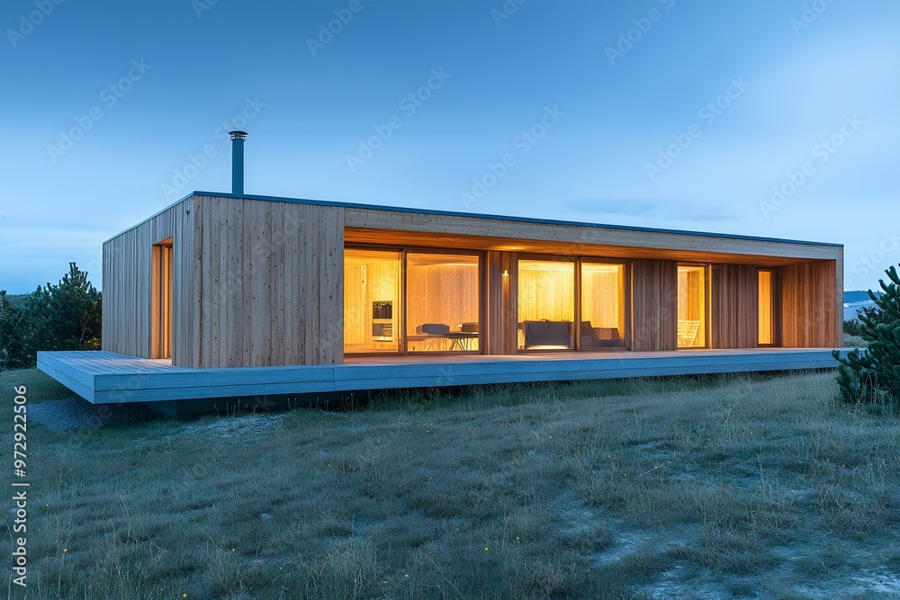 Modern Wooden House with Large Windows at Dusk Modern Wooden House with Large Windows at Dusk