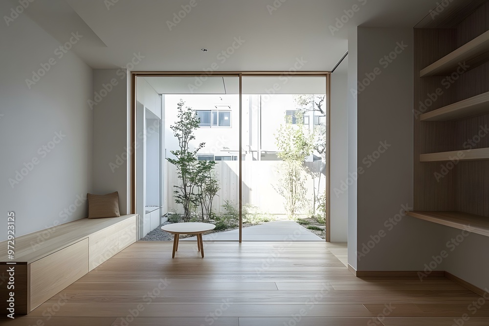 Obraz premium Modern Minimalist Home Interior Design with Wooden Floors and Large Windows