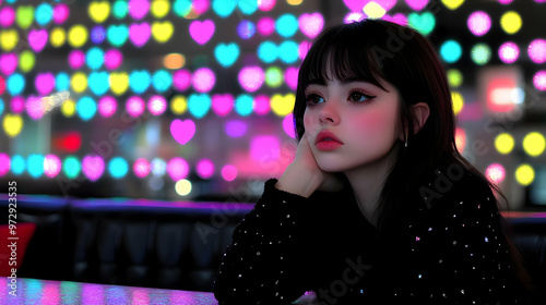 Young Woman Resting Her Chin on Her Hand with Heart-Shaped Lights in the Background