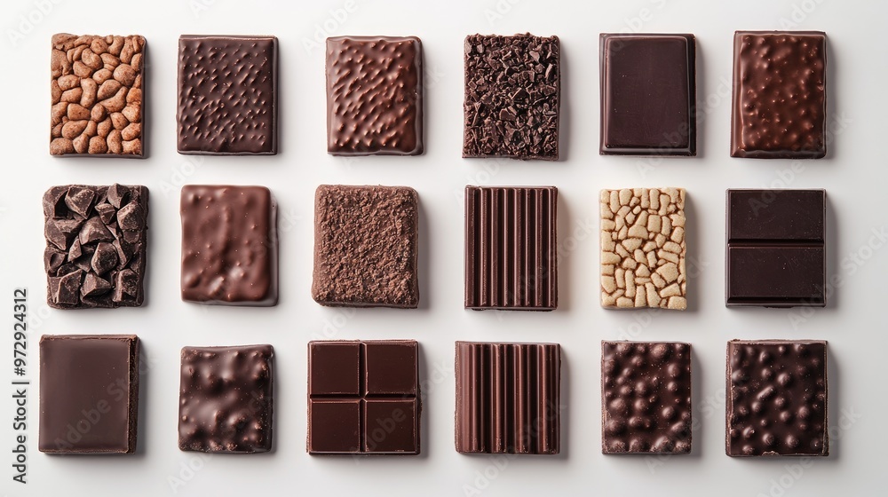 A close-up of a variety of chocolate squares and bars arranged neatly on a white background, showcasing different textures and shades of rich chocolate. A close-up of a variety of chocolate squares and bars arranged neatly on a white background, showcasing different textures and shades of rich chocolate.