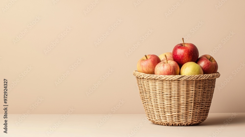 A basket of apples sits on a table A basket of apples sits on a table