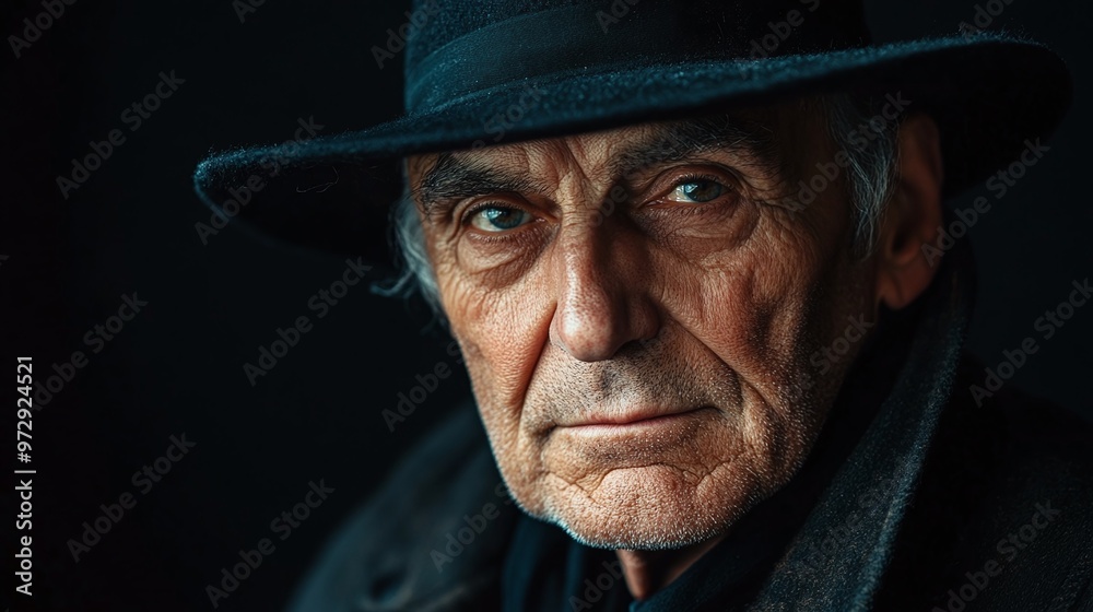 close-up of a senior man in a black hat, showcasing his personality and charm while looking at the camera close-up of a senior man in a black hat, showcasing his personality and charm while looking at the camera