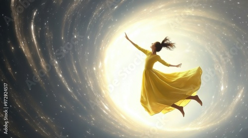 Woman in a flowing yellow dress gracefully floats through a swirling cosmic vortex, symbolizing freedom, dreams, and exploration in space.