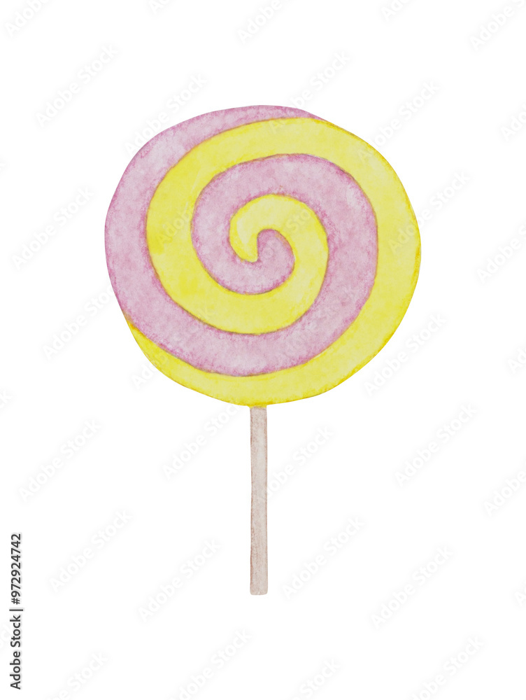Watercolor pink and yellow lollipop on stick isolated on white background. Hand drawn watercolor. Watercolor pink and yellow lollipop on stick isolated on white background. Hand drawn watercolor.