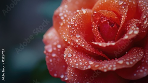 A close-up of a vibrant red rose with dew drops on its petals, showcasing the intricate details and textures of the flower against a soft blurred background.