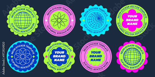 Y2k neon vector stickers tamplates. Groovy bright retro branding stickers set