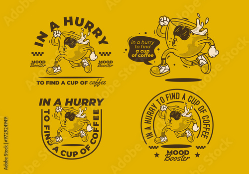 In a hurry to find a cup of coffee. Running coffee cup character in retro vintage style