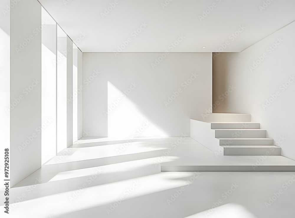 Minimalist White Room With Stairs and Windows