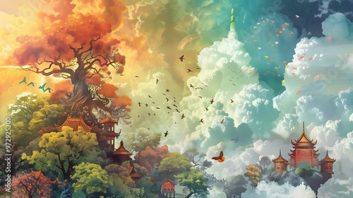 Fantasy Landscape with Birds and Trees