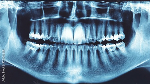 detailed orthopantomography image of a panoramic dental X-ray, highlighting the digital visualization of wisdom teeth and jaw structure photo