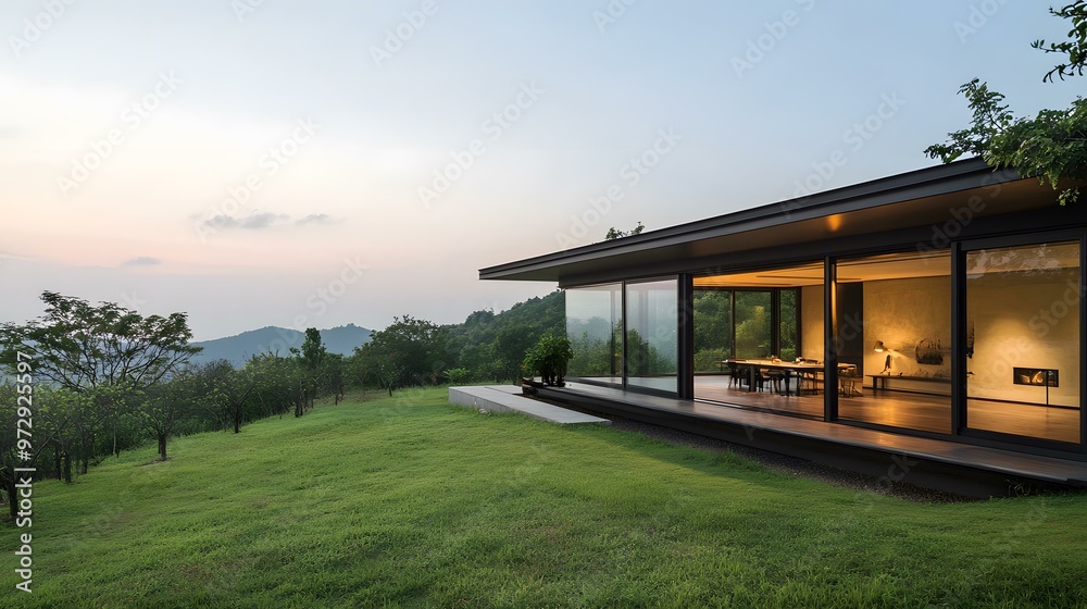 Obraz premium Modern Glass House with Mountain View in the Evening